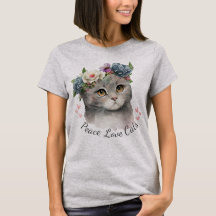 Rose gris couleur paix amour Chat T-shirt pour fem