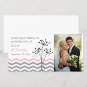 Rose, Gris Floral, Chevrons Mariage Carte photo (Devant / Derrière)