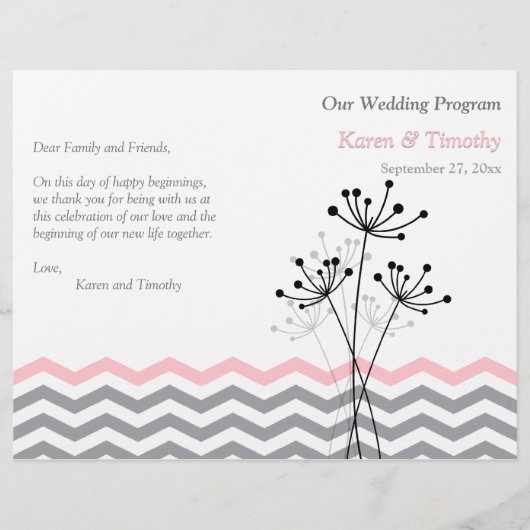 Rose, Gris Floral, Programme de mariage Chevron (Devant)