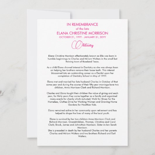 Rose Lily Pearl Programme funéraire rose (Dos)