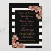 Rose Mariage or noir & blanc Stripe Invitation (Devant / Derrière)