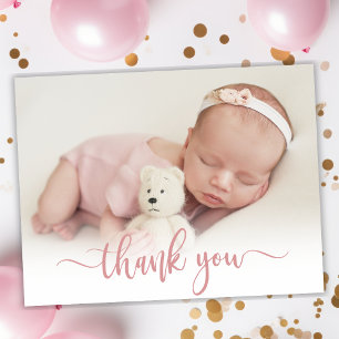Rose moderne Gold Script Baby Photo Merci
