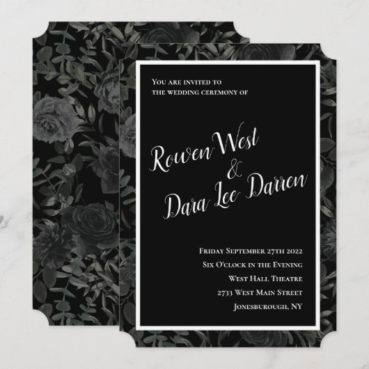 Rose noir blanc gothique invitation mariage (Devant / Derrière)