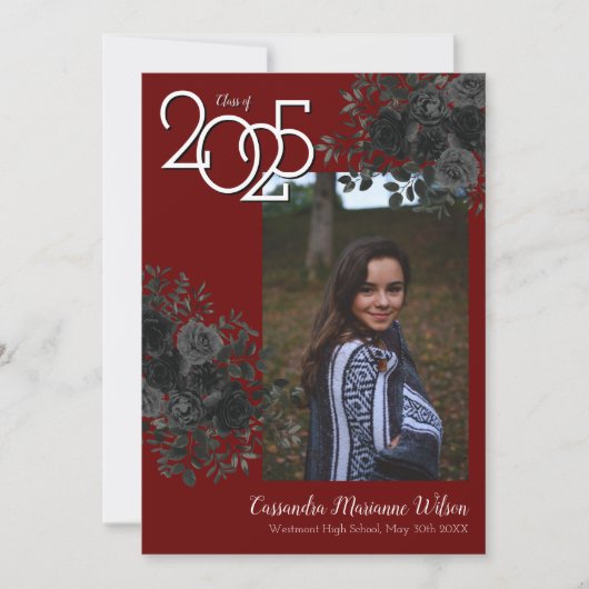 Rose noir Maroon Faire-part de graduation gothique (Devant)