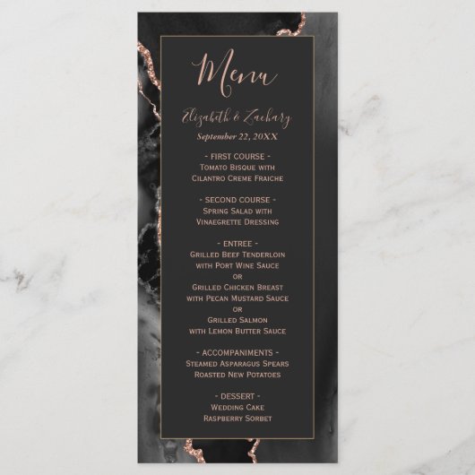 Rose noir moderne Gold Agate Dark Mariage Menu (Devant)