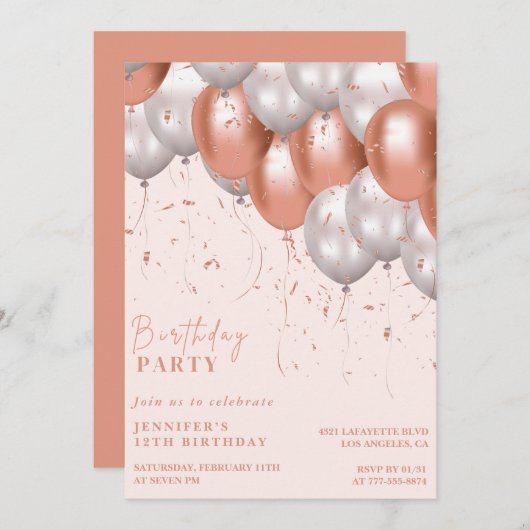 Rose or 12e anniversaire invitations Balloon Glam (Devant / Derrière)