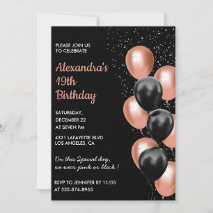 Rose or 19e anniversaire invitation Balloon Black
