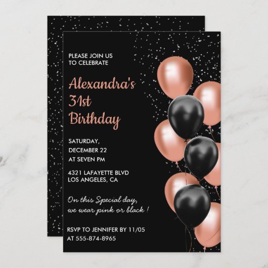 Rose or 31e anniversaire invitation Balloon Black (Devant / Derrière)