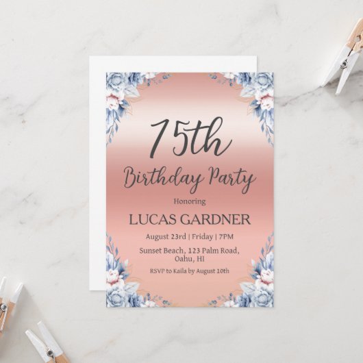 Rose or 75e anniversaire invitations (Devant/Arrière en situation)