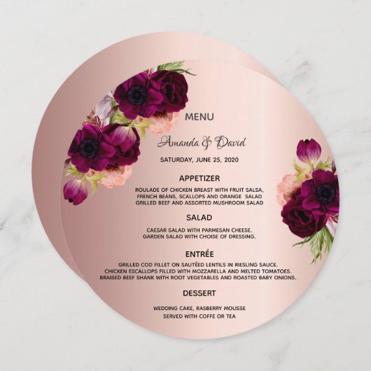 Rose or bouillon bordeaux mariage carte menu (Devant / Derrière)
