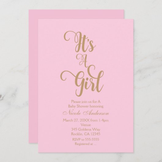 Rose & Or C'est une fille Bébé Douche Invitations (Devant / Derrière)