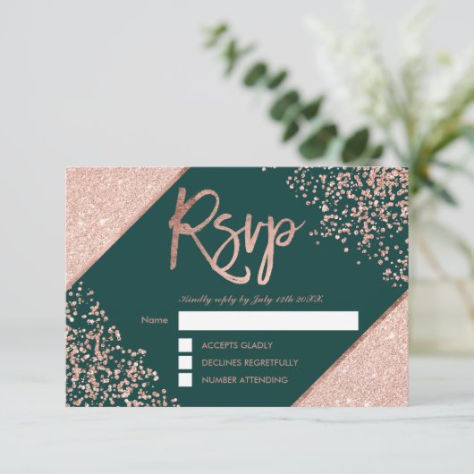 Rose or confetti cadre vert rsvp mariage (Debout devant)