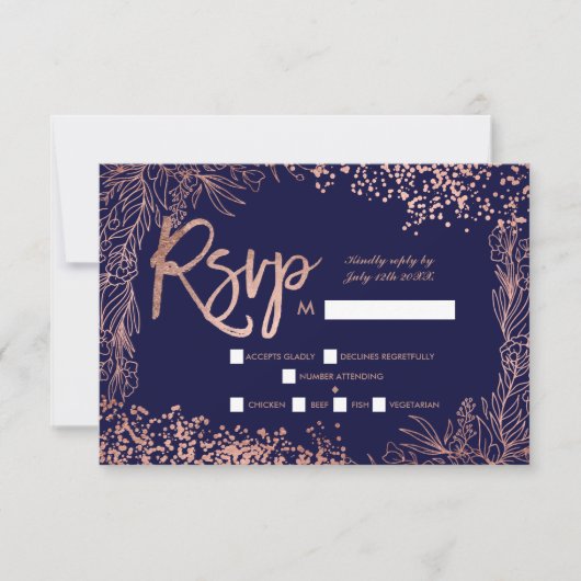 Rose or confetti floral marine bleu rsvp mariage (Devant)