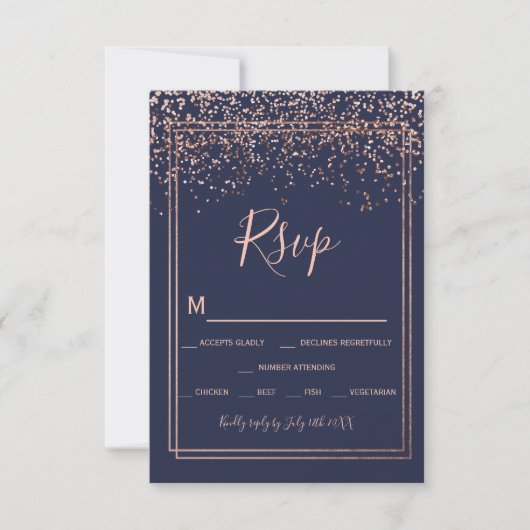 Rose or confetti marine bleu script frontière rsvp (Devant)