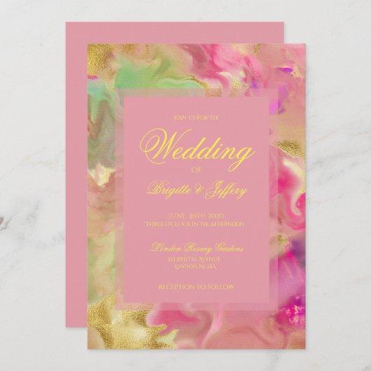 Rose, or, encre verte invitations de mariage (Devant / Derrière)