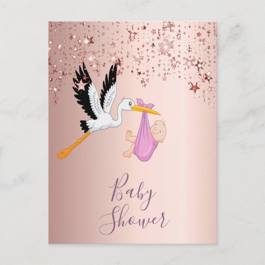 Rose or étoiles cigogne baby shower invitation (Devant)