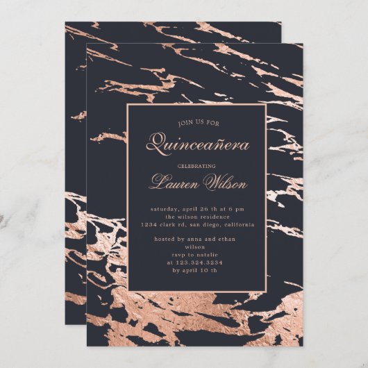 rose or faux feuille marbre Quinceanera Invitation (Devant / Derrière)