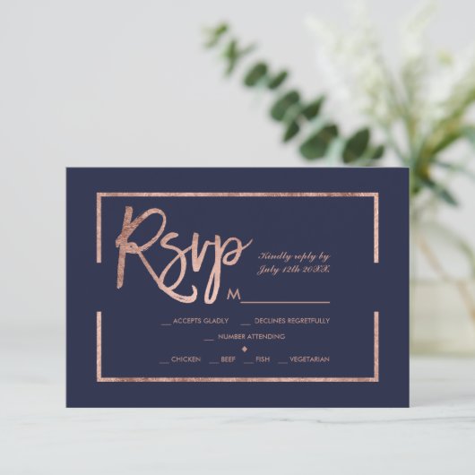 Rose or frame script navy bleu rsvp mariage (Debout devant)
