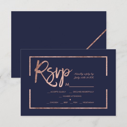 Rose or frame script navy bleu rsvp mariage (Devant / Derrière)