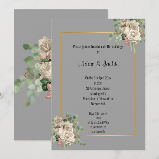 ROSE OR GRIS EUCALYPTUS FAIRE-PART DE MARIAGE BLAN (Devant / Derrière)
