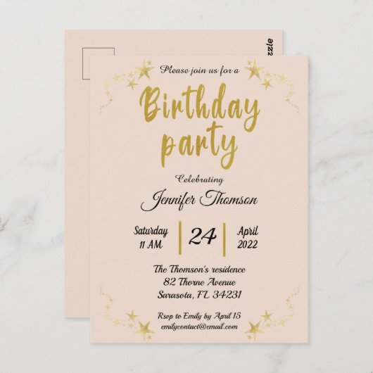 Rose or Invitation d'anniversaire (Devant / Derrière)