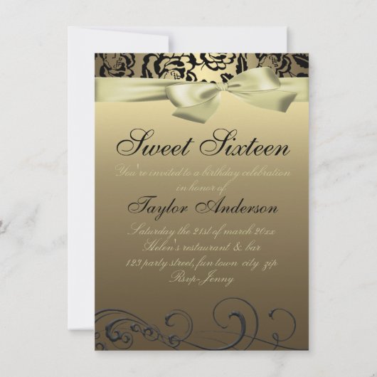 Rose or/noir et image Bow Anniversaire Invitation (Dos)