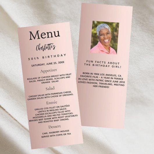 Rose or photo fun faits carte menu d'anniversaire