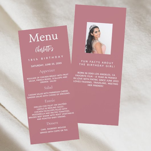 Rose or photo fun faits carte menu d'anniversaire