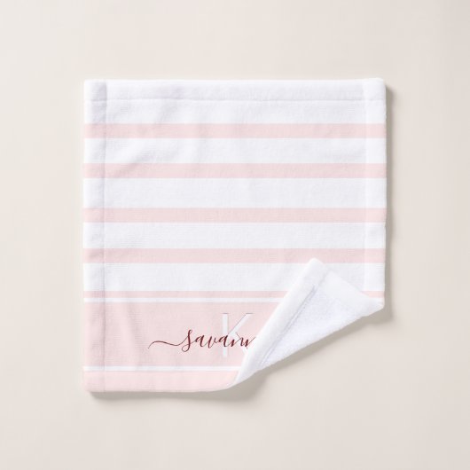 Rose or rose blanc rayures nom monogramme (Gant de toilette)