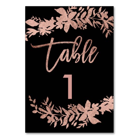 Rose or script Floral noir mariage numéro de table (Dos)