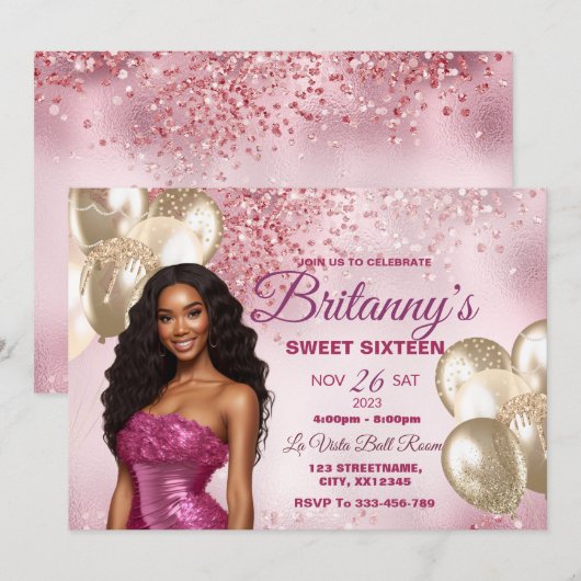Rose & Or Sweet 16 Girl Birthday Invitation (Devant / Derrière)