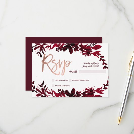 Rose or typographie Floral rouge rsvp mariage (Devant/Arrière en situation)
