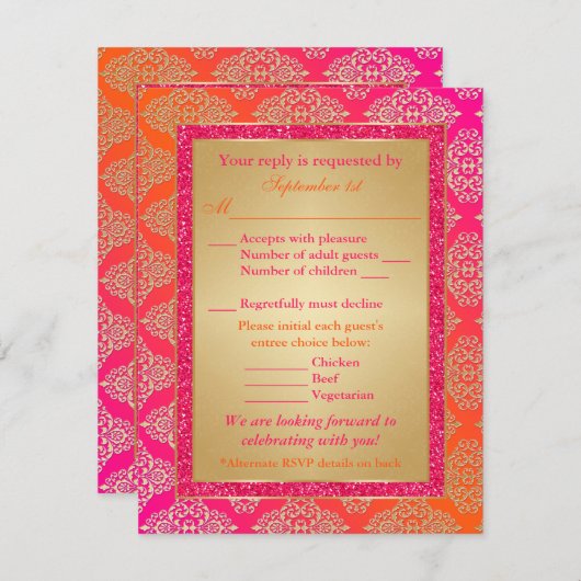 Rose, Orange, Or Carton de réponse RSVP pailleté F (Devant / Derrière)