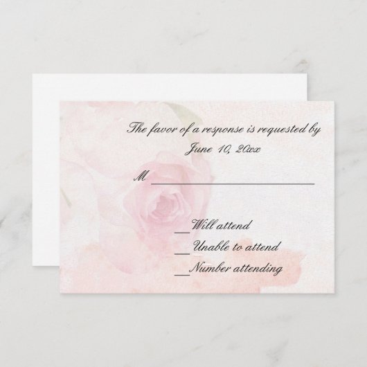 Rose Pâle Aquarelle | Carte de réponse de mariage (Devant / Derrière)