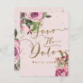 Rose Pâle Dorée Fleurs Moderne Faire-Part de Maria (Devant / Derrière)