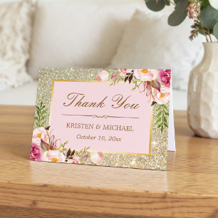 Rose Pâle Floral Or Glitter Étincelles Merci