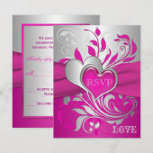Rose, Parchemins Argentés, Cartes RSVP à Coeurs (Devant / Derrière)