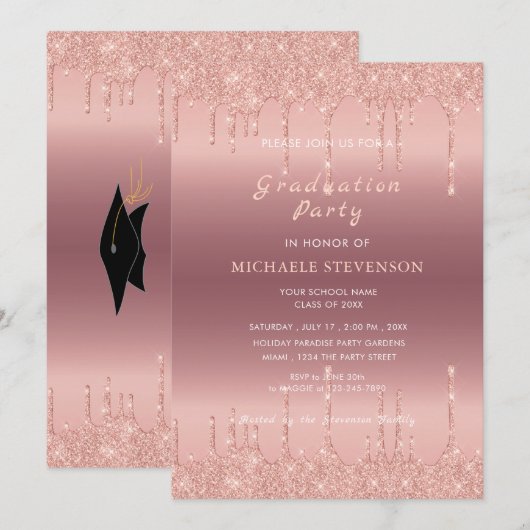 Rose Parties scintillant or Graduation Invitation (Devant / Derrière)