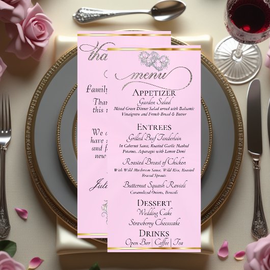 Rose pastel/Argent - Menu Cœurs & Merci