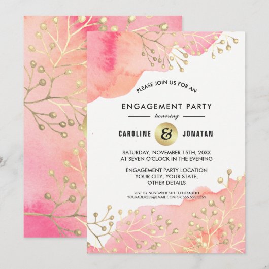 Rose | Peach Botanical Engagement Party Invitation (Devant / Derrière)