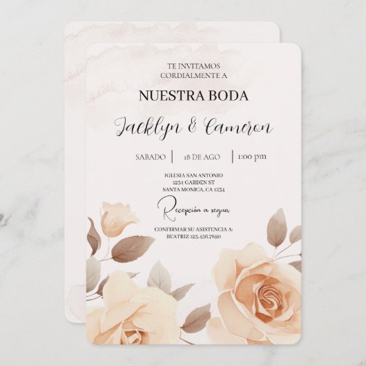 Rose Peach Faire-part de mariage espagnol (Devant / Derrière)