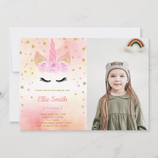 Rose photo Pink Unicorn Invitations d'anniversaire (Devant)