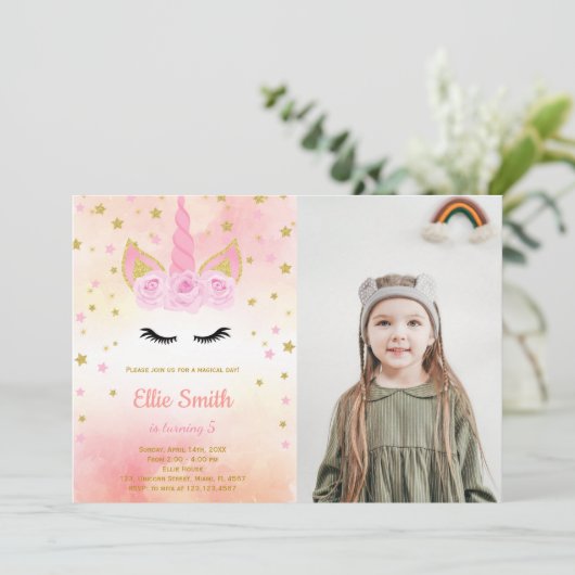 Rose photo Pink Unicorn Invitations d'anniversaire (Debout devant)