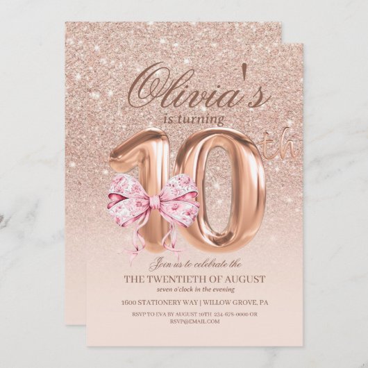 Rose Pink and Gold Bow 10th Birthday Party Kaart (Voorkant / Achterkant)