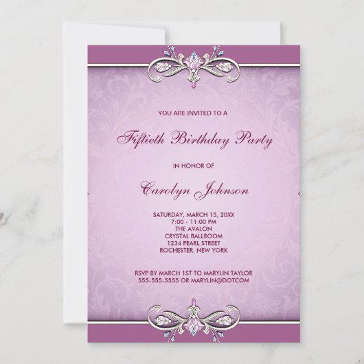 Rose Pink Damask 50th Birthday Party Invitation (Devant)