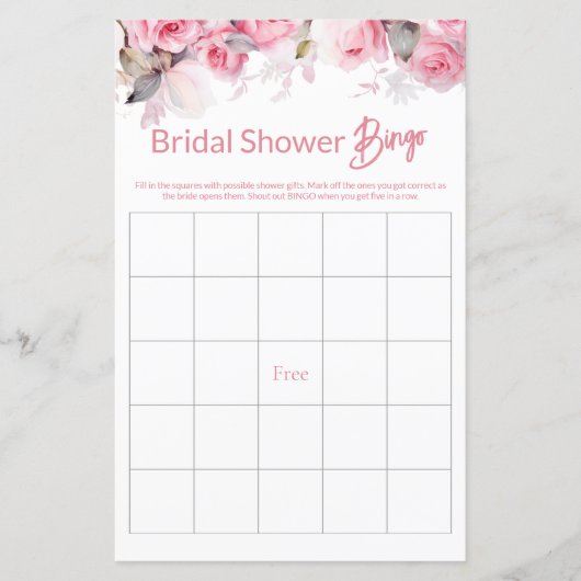 Rose Pink Floral Bridal Shower Game BINGO (Voorkant)