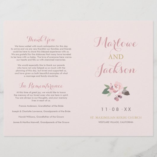 Rose Pink Peony Floral Boho Wedding Programme (Devant)