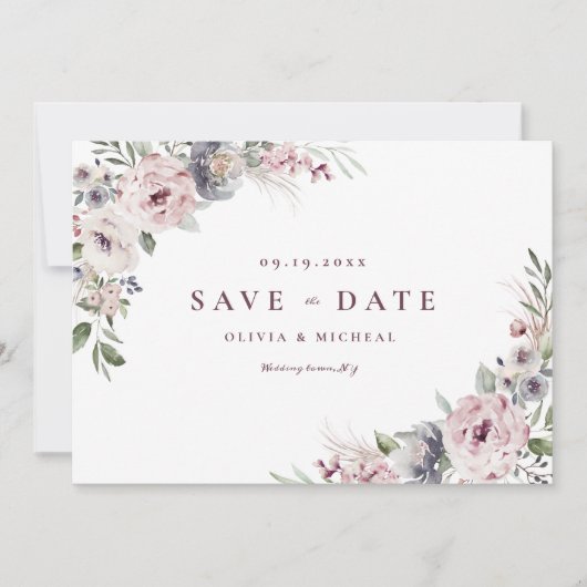 Rose poudrée bohème rustique floral save the date (Devant)
