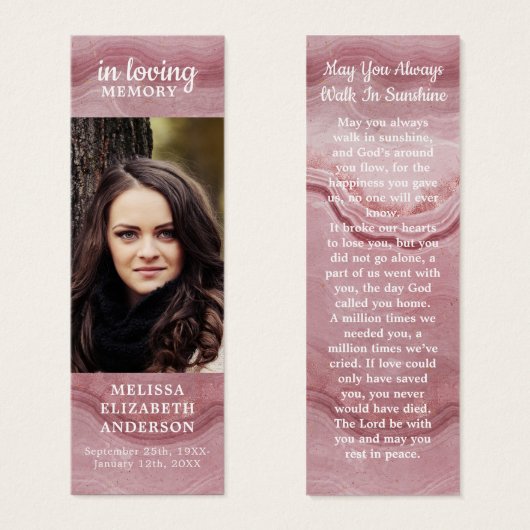 Rose Quartz Prière commémorative Funérailles Poème (Devant & derrière)