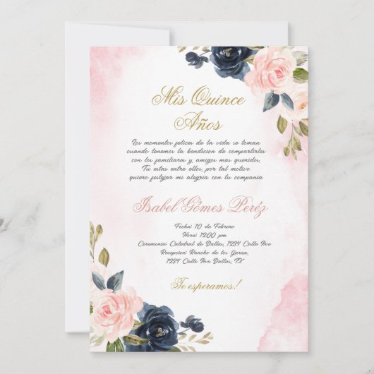 Rose Quinceanera invitation en espagnol (Devant)